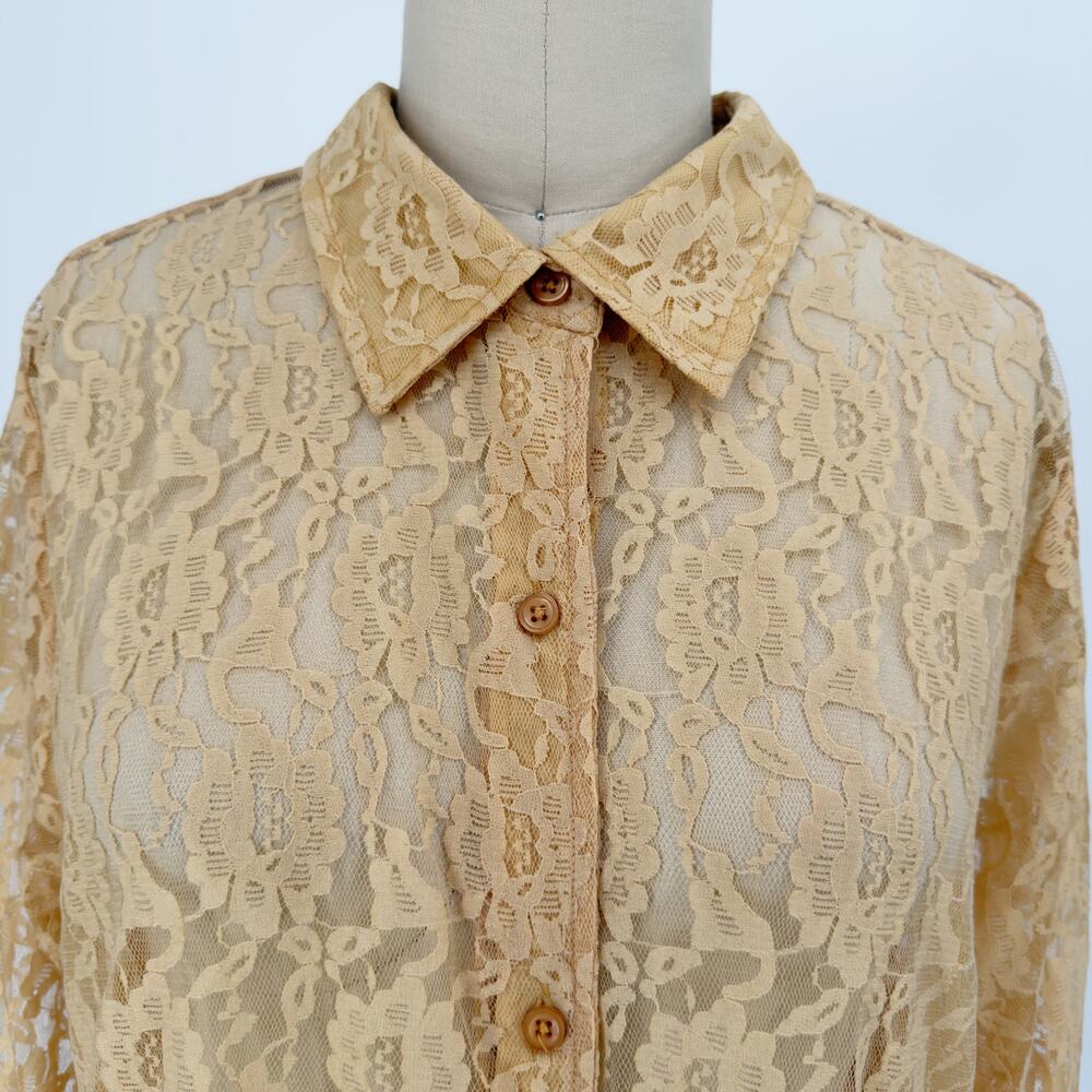 Vintage CW Classics Floral Lace Button-Up Shirt size XL Sheer Antique Beige - Picture 5 of 16